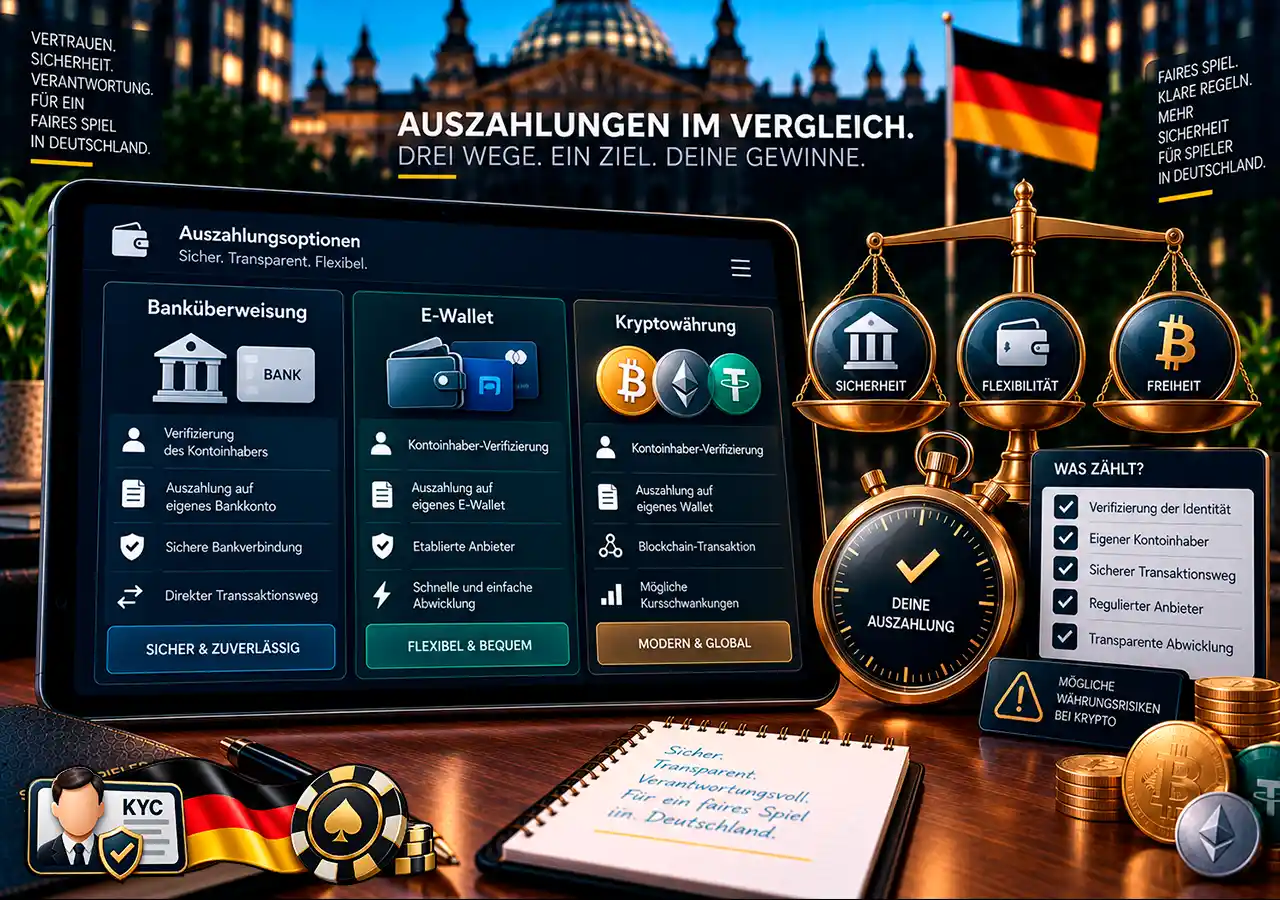 Bank, E-Wallet und Krypto im Vergleich nach Auszahlungsschritten und Verifizierungsanforderungen.