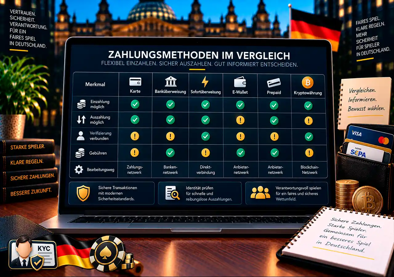 Zahlungsmethoden im Vergleich nach Auszahlung, Verifizierung, Gebühren und technischer Verarbeitung.