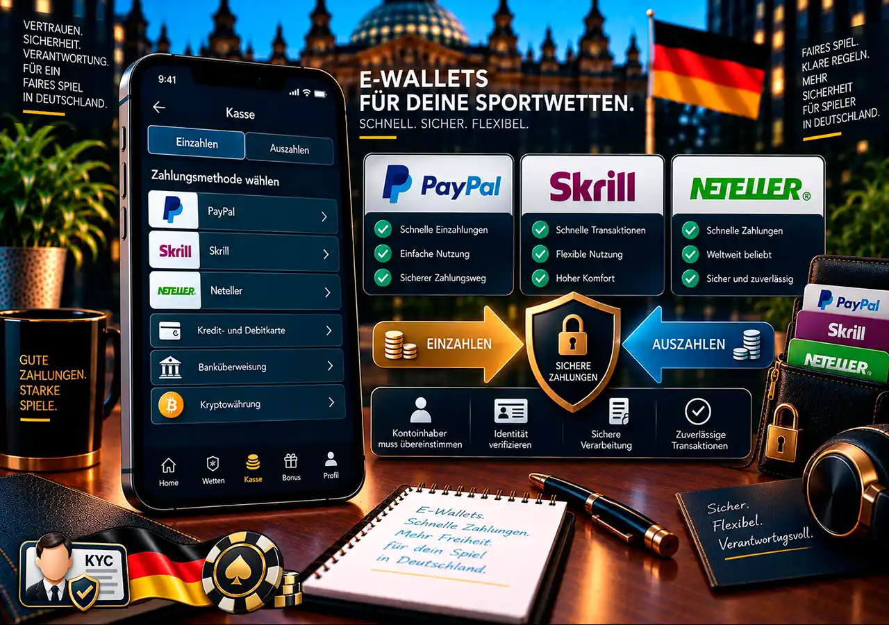 PayPal, Skrill und Neteller an der Wettanbieter-Kasse mit Prüfung der Kontoinhaberschaft.
