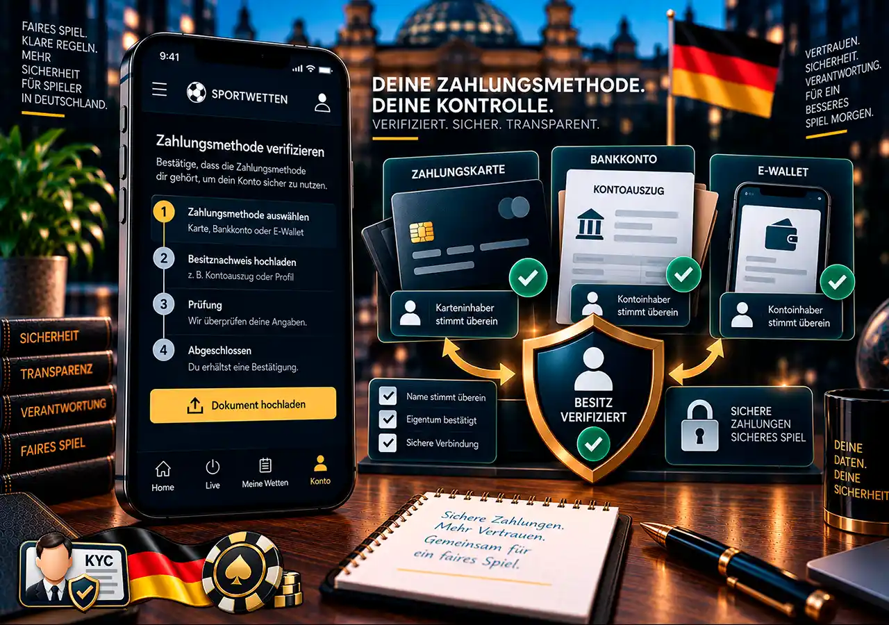 Zahlungsnachweis über Karte, Bankkonto und E-Wallet mit Prüfung des Kontoinhabers.