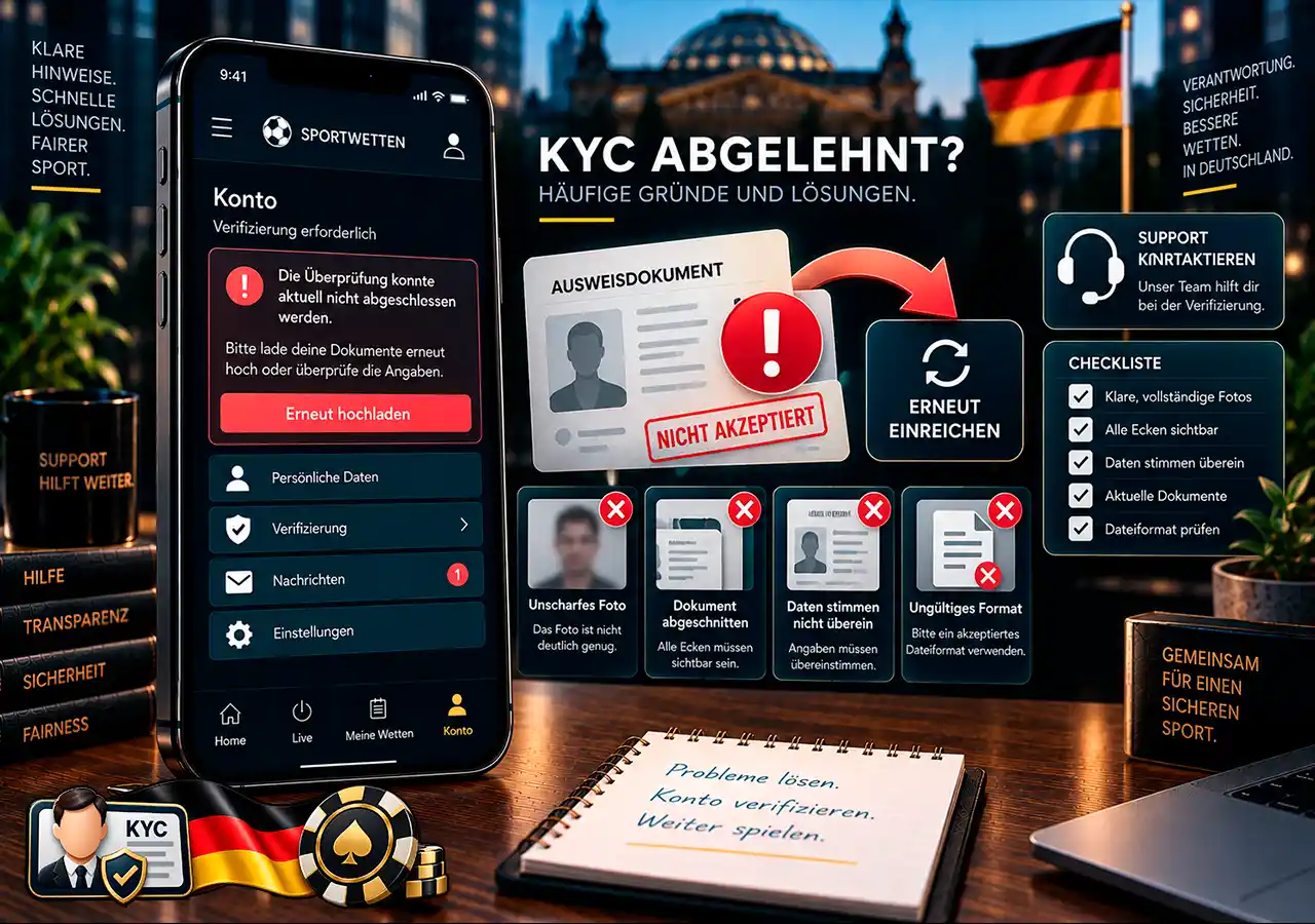 Abgelehnte KYC-Prüfung mit Dokumentfehler, Datenabweichung und erneuter Einreichung.