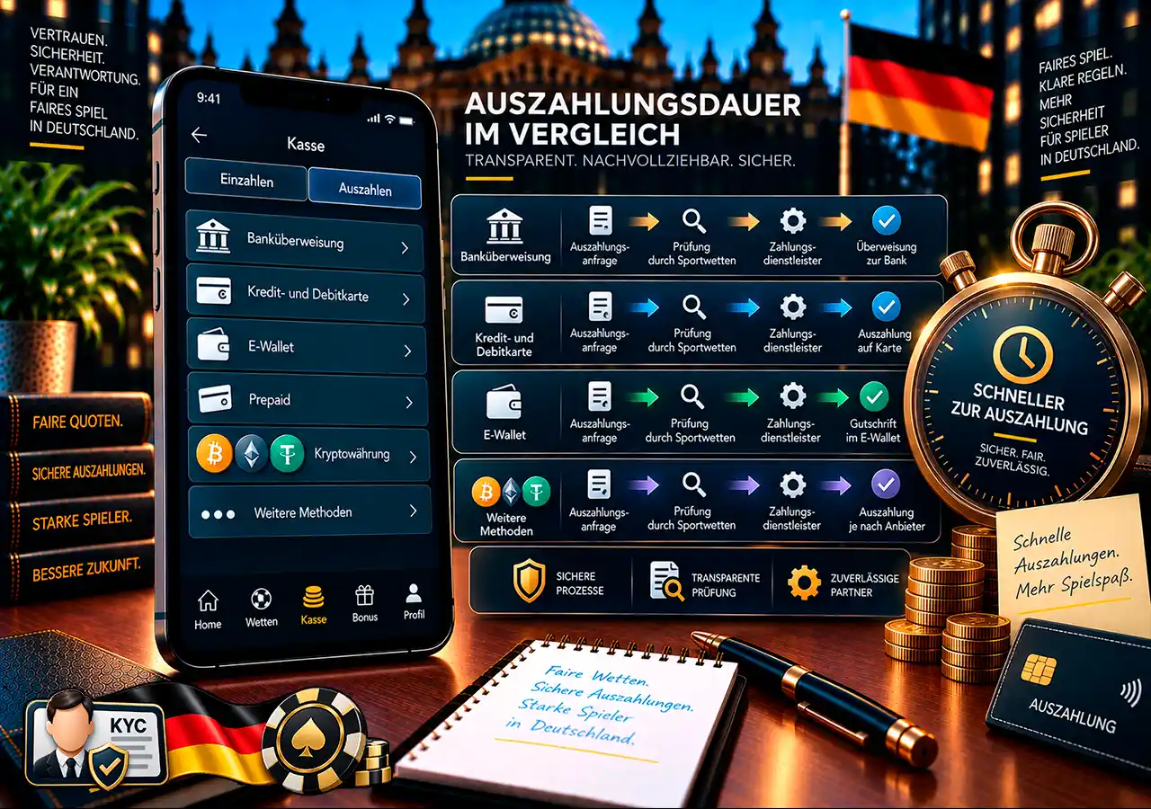 Auszahlungsdauer nach Methode mit Stoppuhr für Bank, Karte, E-Wallet und weitere Wege.