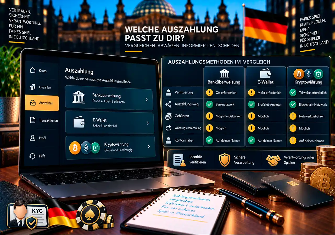 Auszahlungsmethoden im Vergleich nach Verifizierung, Gebühren, Bearbeitung und Kontoinhaberschaft.