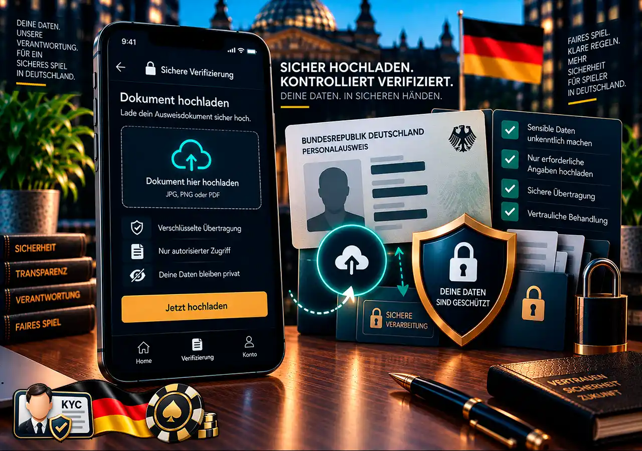 KYC-Dokument sicher hochladen mit teilweiser Schwärzung und verschlüsselter Datenübertragung.
