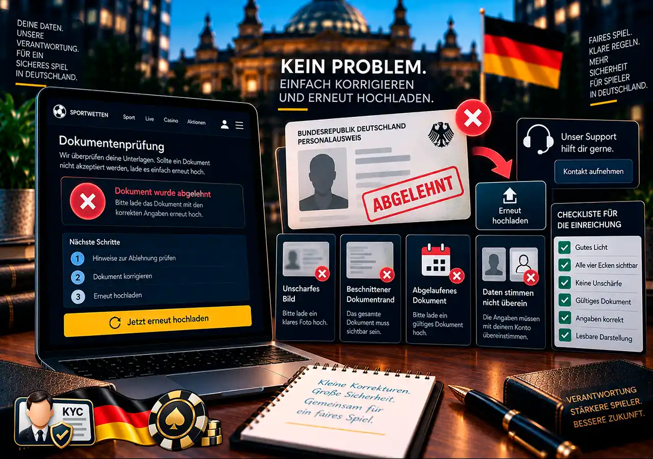 Abgelehntes KYC-Dokument wegen Unschärfe, Zuschnitt, Datumsproblem oder abweichenden Angaben.