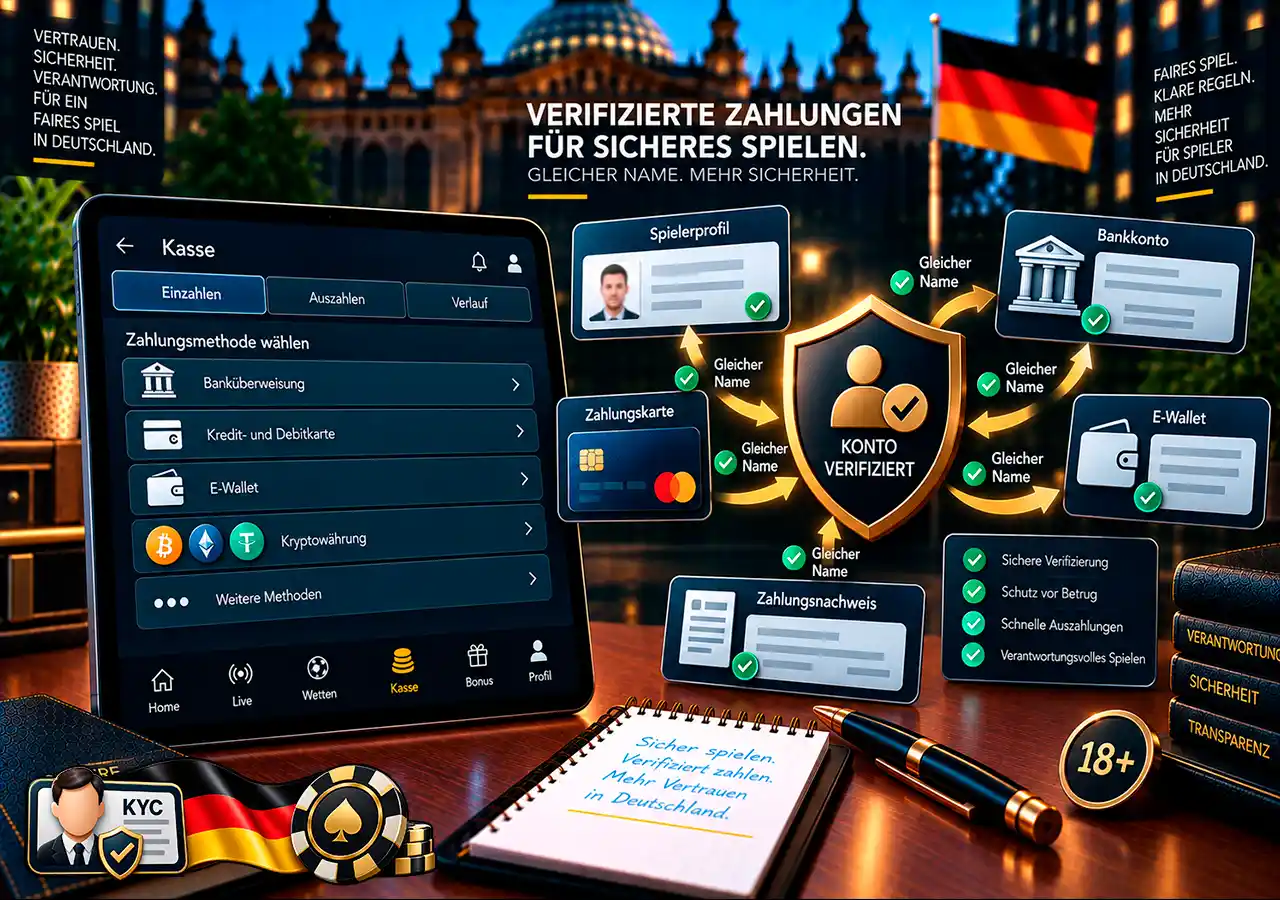 Zahlungsmethode und KYC verbunden über Spielerprofil, Kontoinhaber und Zahlungsnachweis.
